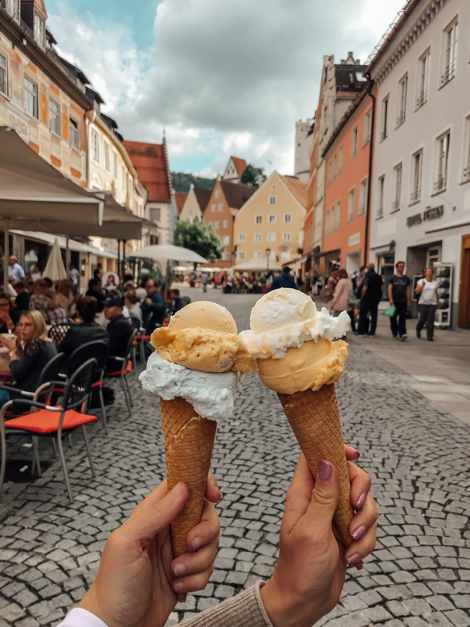 Gelato cones on cobblestone streets 